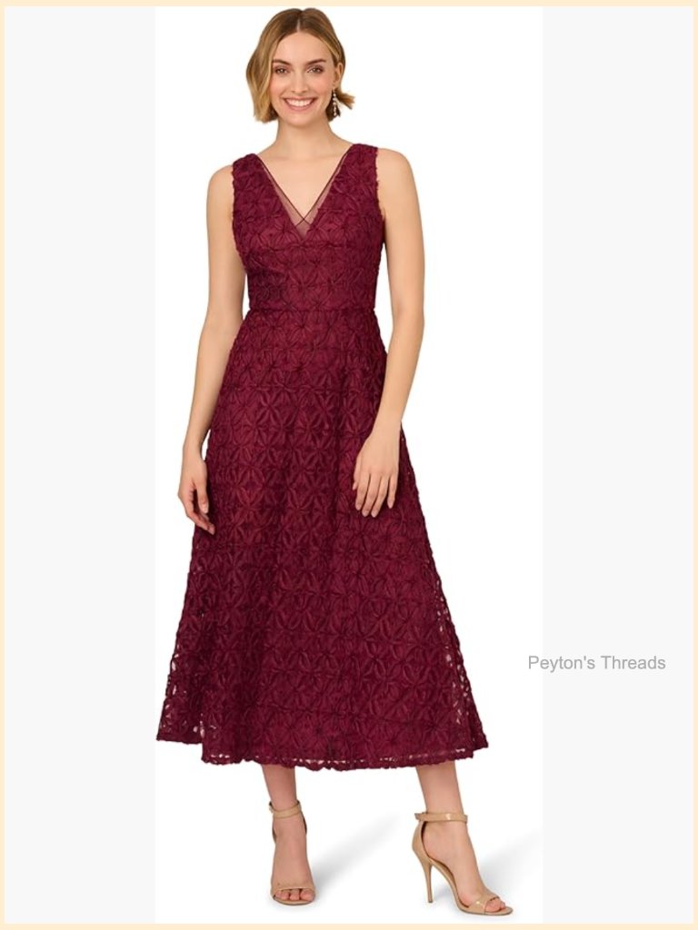 Soutache Embroidery Midi Dress - Fit & Flare, V-Neck, Sleeveless